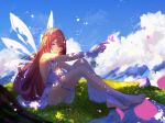  1girl absurdres backless_dress backless_outfit bangs barefoot barefoot_sandals blue_lizz_penguin breasts brown_hair bug butterfly cloud dress elbow_gloves eyebrows_behind_hair fairy_wings gloves grass highres indie_virtual_youtuber large_breasts legs mountain nina_saotome pink_butterfly purple_eyes sitting sky smile solo thigh_strap thighs virtual_youtuber white_dress white_gloves wings 