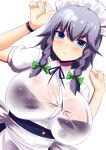  1girl apron blue_eyes bra braid breasts commentary_request highres izayoi_sakuya large_breasts maid maid_apron maid_headdress see-through short_hair silver_hair solo touhou twin_braids underwear waist_apron xialu_zajin 