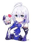  &gt;_&lt; 1girl artist_name bangs bare_shoulders blue_eyes braid braided_ponytail closed_mouth gloves heart honkai_(series) honkai_impact_3rd jin2 kallen_kaslana kallen_kaslana_(sixth_serenade) long_hair looking_at_viewer mask multiple_views purple_gloves simple_background smile wavy_mouth white_background white_hair 