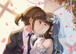  2girls bridal_veil bride brown_eyes brown_hair closed_eyes commentary_request dated dress eyebrows_visible_through_hair flower flower_request formal gloves groom hair_flower hair_ornament hand_on_another&#039;s_chin highres inami_anju kiss kohaku_(ambermoe) long_hair love_live! love_live!_sunshine!! multiple_girls necktie petals saitou_shuka short_hair short_ponytail suit tiara veil wedding wedding_dress white_gloves wife_and_wife yuri 