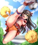  1girl absurdres alternate_costume ball black_hair blue_sky breasts brown_eyes cameltoe cheerleader cleft_of_venus cloud crop_top day elbow_gloves gloves hair_ornament hairclip haruna_(kancolle) highres holding holding_pom_poms jump_kick jumping kantai_collection kicking long_hair miniskirt navel no_bra orange_panties outdoors panties pleated_skirt pom_pom_(cheerleading) red_skirt shoes skirt sky sleeveless sneakers soccer_ball socks solo sweat underboob underwear white_gloves white_legwear zanntetu 