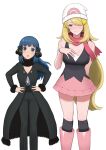  2girls absurdres beanie blonde_hair blue_eyes blue_hair blush breasts cleavage commentary cosplay costume_switch cynthia_(pokemon) cynthia_(pokemon)_(cosplay) dawn_(pokemon) dawn_(pokemon)_(cosplay) embarrassed fur_trim hair_ornament hat highres kneehighs large_breasts long_hair looking_at_viewer multiple_girls nishikino_kee open_mouth pokemon pokemon_(game) pokemon_dppt scarf simple_background sweatdrop very_long_hair white_background 