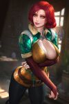  1girl belt black_pants breasts brown_shirt cleavage commentary english_commentary highres jewelry large_breasts looking_at_viewer medium_hair mole mole_under_mouth necklace neoartcore pants red_hair reward_available shirt solo the_witcher_(series) the_witcher_3 triss_merigold yellow_eyes 