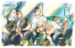  5boys absurdres asu_kam backpack bag bara blush bulge collared_shirt feet_out_of_frame hand_on_another&#039;s_head highres lap_pillow leaning_on_person male_focus multiple_boys muscular muscular_male on_person original pectorals salaryman shirt short_hair sideburns sleeping sleeping_on_person sunlight train_interior translated white_shirt 