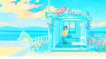  1girl aqua_theme bag bench bird black_footwear blue_eyes blue_pants blue_sky blue_theme cloud cloudy_sky day flower limited_palette long_hair long_sleeves no_nose original outdoors pants penguin pink_flower plant shoes shoulder_bag sitting sky solo sweater tabisumika wide_shot yellow_sweater 