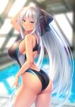  1girl ass back blue_eyes blurry blurry_background bow braid breasts commentary_request competition_swimsuit cowboy_shot crown_braid fate/grand_order fate_(series) from_side hair_bow highres large_breasts long_hair looking_at_viewer morgan_le_fay_(fate) one-piece_swimsuit parted_lips ponytail pool poolside rei_no_pool sidelocks solo swimsuit thighs very_long_hair white_hair zuizhong 