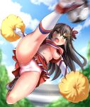  1girl absurdres alternate_costume ball black_hair blue_sky breasts brown_eyes cameltoe cheerleader cleft_of_venus cloud commentary_request crop_top day elbow_gloves gloves hair_ornament hairclip haruna_(kancolle) highres holding holding_pom_poms jump_kick jumping kantai_collection kicking long_hair miniskirt navel no_bra outdoors panties pink_panties pleated_skirt pom_pom_(cheerleading) red_skirt shoes skirt sky sleeveless sneakers soccer_ball socks solo sweat underboob underwear white_gloves white_legwear zanntetu 