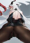  1girl aegir_(azur_lane) ass azur_lane bangs bare_shoulders black_panties blush bodystocking closed_mouth cross cross_earrings earrings eyebrows_visible_through_hair from_below glassjill highres horns jewelry long_hair looking_at_viewer multicolored_hair panties pussy red_hair silver_hair solo spread_pussy spread_pussy_under_clothes streaked_hair thong underwear yellow_eyes 