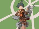  1girl adapted_turret bangs black_hair brown_legwear brown_serafuku brown_shorts cannon english_commentary green_background green_eyes kantai_collection kneehighs long_sleeves looking_to_the_side machinery mogami_(kancolle) one-hour_drawing_challenge orange_sailor_collar remodel_(kantai_collection) sailor_collar school_uniform serafuku short_hair shorts sixten solo standing standing_on_one_leg swept_bangs turret two-tone_background 