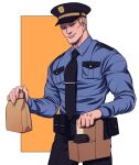  1boy bag bara black_pants blonde_hair blue_shirt closed_mouth coffee_cup collared_shirt cup disposable_cup hat highres holding holding_bag looking_at_viewer male_focus muscular muscular_male necktie nez overwatch pants paper_bag police police_hat police_uniform policeman shirt short_hair simple_background smile soldier:_76_(overwatch) solo uniform 