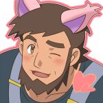  1boy ;d beard blush brown_eyes brown_hair cat_day commentary_request cosplay facial_hair kemonomimi_mode looking_at_viewer male_focus mature_male meyer_(pokemon) one_eye_closed open_mouth outline pokemon pokemon_(anime) pokemon_ears pokemon_xy_(anime) shigure_(ojshigu) shirt short_hair skitty skitty_(cosplay) smile solo suspenders thick_eyebrows tongue upper_body white_background 