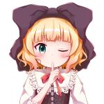  1girl bangs black_bow black_dress blonde_hair blush bow commentary_request dress eyebrows_visible_through_hair finger_to_mouth gochuumon_wa_usagi_desu_ka? goth_risuto green_eyes hair_bow hand_up kirima_sharo long_sleeves looking_at_viewer one_eye_closed red_bow shirt shushing simple_background solo upper_body white_background white_shirt 