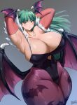  1girl animal_print armpits arms_up bat_print batako1812 blush breasts cleavage curvy demon_girl demon_wings elbow_gloves eyebrows_visible_through_hair gloves green_eyes green_hair head_wings highres huge_breasts leotard long_hair mature_female morrigan_aensland pantyhose parted_lips purple_legwear signature solo thick_thighs thighs tsurime vampire_(game) wide_hips wings 