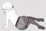  1girl arm_support ass back blush breasts commentary_request crotch_seam feet glasses greyscale highres looking_away lying monochrome neyuki_rei no_shoes on_side open_mouth original panties panties_under_pantyhose pantyhose short_hair simple_background small_breasts soles solo topless underwear 