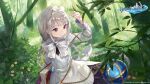  1girl bangs blunt_bangs book bow braid eyebrows_visible_through_hair forest grey_hair hairband kobuta long_hair manasis_refrain nature outdoors purple_eyes solo twin_braids twintails very_long_hair 