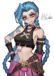  1girl arcane:_league_of_legends arm_tattoo asymmetrical_bangs bangs bare_shoulders belt blue_hair braid breasts brown_belt choker cloud_tattoo collarbone gloves jinx_(league_of_legends) league_of_legends long_hair looking_at_viewer navel pants parted_lips pink_eyes pink_pants qblade shoulder_tattoo simple_background smile solo striped striped_pants tattoo teeth twin_braids very_long_hair white_background 