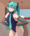  1girl absurdres bad_anatomy bad_hands bare_shoulders blue_eyes blue_hair blue_leotard blue_necktie blurry blurry_background collared_leotard cowboy_shot detached_sleeves grey_sleeves hands_on_hips hatsune_miku highres indoors leotard long_hair looking_at_viewer necktie parted_lips rocher-hd smile solo symbol-only_commentary twintails very_long_hair vocaloid 