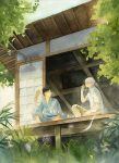  2boys amber_t architecture black_hair blue_kimono brown_pants character_request chinese_commentary collared_shirt day drinking east_asian_architecture from_below ginko grass hand_fan highres holding holding_fan house japanese_clothes kimono looking_at_another male_focus multiple_boys mushi_(mushishi) mushishi outdoors painting_(medium) pants plant shirt short_hair short_sleeves sitting traditional_media tree watercolor_(medium) white_hair white_shirt 