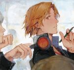  2boys black_jacket brown_eyes brown_hair chinese_commentary ck_(26982497) commentary_request from_side grey_hair hanamura_yousuke hand_on_own_chin head_rest headphones headphones_around_neck high_collar highres holding holding_pencil jacket long_sleeves male_focus multiple_boys narukami_yuu pencil persona persona_4 school_uniform short_hair upper_body white_background yasogami_school_uniform 