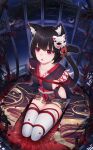  1girl 7t absurdres animal_ear_fluff animal_ears arms_behind_back azur_lane bdsm black_hair bondage bound bound_arms bound_legs breasts cage cat_ears cat_girl cat_tail chinese_commentary collarbone commentary_request cushion dutch_angle from_above full_body highres in_cage japanese_clothes kimono kneeling large_breasts looking_at_viewer looking_up mask mask_on_head obi obijime open_mouth petals plant red_eyes red_rope rope sash seiza shibari short_hair short_kimono sideboob sitting sleeveless sleeveless_kimono solo tail thick_eyebrows thighhighs thorns vines white_legwear yamashiro_(azur_lane) 
