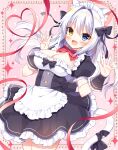  1girl :d aina_rive animal_ear_fluff animal_ears antenna_hair apron black_bow black_dress blue_eyes blush bow breasts brown_eyes cat_ears cat_girl cat_tail cleavage commentary_request dress floating_hair frilled_apron frills hair_intakes hands_up heart heart_of_string heterochromia long_hair looking_at_viewer maid maid_apron mauve medium_breasts original pink_background polka_dot polka_dot_background puffy_short_sleeves puffy_sleeves red_bow red_ribbon ribbon short_sleeves silver_hair smile solo sparkle standing tail tail_bow tail_ornament very_long_hair waist_apron white_apron wrist_cuffs 