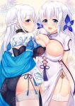 2girls ass azur_lane belfast_(azur_lane) belfast_(iridescent_rosa)_(azur_lane) blue_eyes blue_panties braid breast_press breasts bursting_breasts china_dress chinese_clothes cleavage cleavage_cutout clothing_cutout collar commentary_request cowboy_shot cutout_above_navel dress earrings french_braid garter_straps heart heart_earrings highres illustrious_(azur_lane) illustrious_(maiden_lily&#039;s_radiance)_(azur_lane) itaba_atsushi jewelry large_breasts long_hair looking_at_viewer looking_back mole mole_under_eye multiple_girls official_alternate_costume open_mouth panties pelvic_curtain purple_eyes short_sleeves side-tie_panties side_slit standing string_panties symmetrical_docking thighhighs tri_tails underwear white_dress white_hair white_legwear 