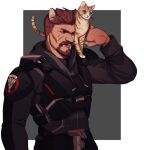  1boy animal animal_ears animal_on_shoulder beard belt black_jacket blackwatch_reyes brown_hair cat cat_boy cat_ears chest_armor facial_hair hood hood_down hoodie jacket male_focus mustache nez overwatch reaper_(overwatch) scar scar_across_eye scar_on_cheek scar_on_face short_hair simple_background upper_body 