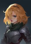  1girl armor bad_id bad_pixiv_id blonde_hair blue_eyes breastplate brown_hairband closed_mouth eyelashes future_princess gradient gradient_background green_scarf grey_background guardian_tales hair_over_one_eye hairband lips looking_at_viewer medium_hair nose scarf shoulder_armor solo upper_body wifc 