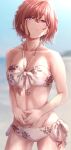  1girl absurdres bangs beach bikini blurry blurry_background breasts brown_hair collarbone commentary_request cowboy_shot eyebrows_visible_through_hair floral_print front-tie_bikini front-tie_top hair_between_eyes halter_top halterneck highres higuchi_madoka idolmaster idolmaster_shiny_colors looking_at_viewer mole mole_under_eye navel purple_eyes short_hair side-tie_bikini small_breasts solo swimsuit tonguewasabi wet wet_hair white_bikini 