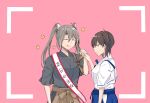  2girls blue_hakama brown_eyes brown_hair brown_hakama closed_eyes commentary_request cowboy_shot grey_hair hakama hakama_skirt height_difference highres japanese_clothes kaga_(kancolle) kantai_collection long_hair multiple_girls pink_background remodel_(kantai_collection) samonasu17 sash side_ponytail skirt translation_request viewfinder zuikaku_(kancolle) 