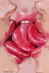  3girls artist_name close-up commentary drooling english_commentary face french_kiss heart kiss lipstick makeup multiple_girls open_mouth original paloma_piquet red_lips saliva saliva_trail smeared_lipstick teeth tongue tongue_out yuri 