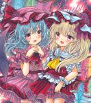  2girls :d ascot back_bow bat_wings black_wings blonde_hair blue_hair bow collared_shirt cowboy_shot crystal eyebrows_visible_through_hair fang flandre_scarlet floral_print flower frilled_hat frilled_ribbon frilled_shirt frilled_shirt_collar frilled_skirt frills green_brooch hair_between_eyes hat hat_ribbon looking_at_viewer marker_(medium) medium_hair mob_cap multiple_girls open_mouth orange_flower orange_rose pink_headwear pink_ribbon pink_shirt pink_skirt print_skirt puffy_short_sleeves puffy_sleeves purple_flower purple_rose rainbow_order red_ascot red_eyes red_ribbon red_skirt red_vest remilia_scarlet ribbon rose rui_(sugar3) sample shirt short_sleeves skin_fang skirt sleeve_ribbon smile thighhighs touhou traditional_media vest white_headwear white_legwear white_shirt wings wrist_cuffs yellow_ascot 