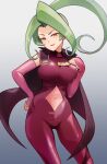  1girl absurdres arm_warmers banka_(pixiv21424331) bodysuit breasts cape dinosaur_king gradient gradient_background green_hair hand_on_hip high_ponytail highres large_breasts lipstick long_hair looking_at_viewer makeup navel orange_eyes pink_bodysuit solo standing ticket usarapa 