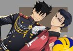  2boys bangs black_hair brown_eyes crossover grin haikyuu!! ichinose_guren kero_sweet kuroo_tetsurou looking_at_viewer male_focus military military_uniform multiple_boys owari_no_seraph shirt short_hair simple_background smile spiked_hair uniform voice_actor_connection 