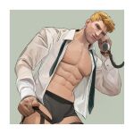  1boy abs bara bare_pectorals black_male_underwear blonde_hair boxer_briefs collared_shirt highres holding holding_phone large_pectorals looking_at_viewer male_focus male_underwear muscular muscular_male navel nez nipples open_clothes open_shirt overwatch parted_lips pectorals phone salaryman shirt short_hair sock_garters soldier:_76_(overwatch) solo underwear undone_necktie watch white_shirt wristwatch 