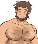  1boy alternate_pectoral_size areolae bara beard blush brown_eyes brown_hair chest_hair closed_mouth collarbone commentary_request facial_hair frown large_pectorals looking_at_viewer male_focus mature_male meyer_(pokemon) muscular muscular_male nude one_eye_closed pectorals pokemon pokemon_(anime) pokemon_xy_(anime) shigure_(ojshigu) short_hair simple_background solo translated upper_body white_background 