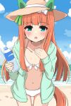  1girl animal_ears beach blush bottle breasts collarbone commentary_request hat highres himawari_(sunflower7373) horse_ears horse_girl horse_tail long_hair looking_at_viewer navel open_mouth orange_hair silence_suzuka_(umamusume) sky small_breasts solo straw_hat swimsuit tail umamusume water_bottle 