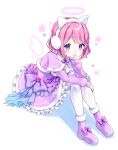  1girl adapted_costume amatsuka_lilyel amimi commission drawn_halo drawn_wings dress head_rest highres indie_virtual_youtuber pink_hair purple_dress purple_eyes ribbon skeb_commission solo thighhighs virtual_youtuber wings 