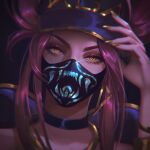  1girl akali black_background black_choker choker gold_nails gradient gradient_background hand_up highres k/da_(league_of_legends) k/da_akali league_of_legends long_hair looking_at_viewer mask mouth_mask pink_hair portrait purple_headwear shiny shiny_hair shiny_skin simple_background slit_pupils solo solraka yellow_eyes 