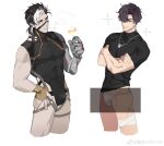  2boys absurdres aki_(girls&#039;_frontline_nc) bandaged_leg bandages black_hair black_leotard black_shirt bulge cigarette commentary_request cowboy_shot crossed_arms dog_tags earpiece fingerless_gloves fire flame fundoshi girls&#039;_frontline girls&#039;_frontline_neural_cloud gloves grin hair_over_one_eye hand_on_hip heterochromia highres japanese_clothes large_pectorals leotard looking_at_viewer male_focus male_underwear mechanical_arms mofa_shaonian_xiao_bai multicolored_hair multiple_boys muscular muscular_male no_pants pectorals python_(girls&#039;_frontline_nc) scar scar_on_face shirt short_hair simple_background single_mechanical_arm smile smoking sparkle thighs underwear weibo_username white_background white_hair white_male_underwear 
