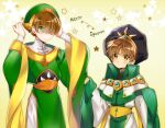  2boys arrow_(symbol) ascot_(rayearth) ascot_(rayearth)_(cosplay) bangs brown_eyes brown_hair cardcaptor_sakura character_name chinese_clothes clamp_(style) company_connection cosplay costume_switch crossover english_text eyebrows_visible_through_hair green_eyes hair_over_one_eye hands_up hat iyutani jewelry li_xiaolang li_xiaolang_(cosplay) long_sleeves magic_knight_rayearth male_focus multiple_boys robe short_hair star_(symbol) 