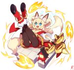  +_+ 1girl :3 animal_ear_fluff animal_ears artist_name ass bangs bare_shoulders black_legwear blonde_hair blue_eyes boots breasts cleavage commentary_request crossed_bangs crossed_legs dated electricity fang fox_ears fox_girl fox_shadow_puppet fox_tail fur-trimmed_footwear hair_flaps hair_rings hand_up happy highres holding holding_staff inaho_(world_flipper) jewelry korean_commentary lantern legs legs_up long_hair long_sleeves looking_at_viewer medium_breasts multiple_tails necklace off_shoulder open_mouth outstretched_arm pantyhose red_footwear red_jumpsuit rope rtari shiny shiny_clothes short_jumpsuit sidelocks signature simple_background smile solo sparkle staff tail two_tails white_background wide_sleeves wooden_lantern world_flipper 