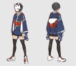  1girl backpack bag black_hair black_legwear black_skirt blue_jacket commentary covered_face fox_mask grey_background jacket long_sleeves mask multiple_views original others short_hair simple_background skirt thighhighs white_footwear zipper 