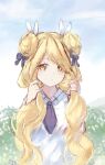  1girl absurdres bangs blue_bow blue_neckwear blue_sky bow brown_eyes closed_mouth cloud collared_shirt commentary_request date_a_live day double_bun eyebrows_visible_through_hair hair_bow hair_ribbon hands_up highres holding holding_hair hoshimiya_mukuro long_hair looking_at_viewer low_twintails mo_(pixiv9929995) outdoors ribbon shirt sky solo twintails very_long_hair white_ribbon white_shirt 