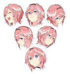  1girl :d bangs black_hairband blue_eyes blush closed_eyes closed_mouth commentary_request expressions hair_between_eyes hairband head_wings highres hololive kakage looking_at_viewer looking_away looking_up pink_hair portrait puckered_lips short_hair simple_background smile takane_lui virtual_youtuber white_background 