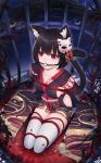  1girl 7t absurdres animal_ear_fluff animal_ears arms_behind_back azur_lane ball_gag bdsm black_hair bondage bound bound_arms breasts cage cat_ears cat_girl cat_tail chinese_commentary collarbone commentary_request cushion dutch_angle from_above full_body gag highres in_cage japanese_clothes kimono kneeling large_breasts looking_at_viewer looking_up mask mask_on_head obi obijime petals plant red_eyes red_rope rope sash seiza shibari short_hair short_kimono sideboob sitting sleeveless sleeveless_kimono solo tail thick_eyebrows thighhighs thorns vines white_legwear yamashiro_(azur_lane) 