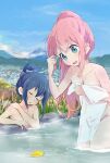  2girls blue_eyes blue_hair breasts cleavage closed_eyes cloud commentary covering day flat_chest grass hair_between_eyes hair_bun hand_on_shoulder highres holding holding_hair holding_towel kagamihara_nadeshiko leaf long_hair mountain multiple_girls murairamuraiari nude nude_cover onsen open_mouth outdoors partially_submerged pink_hair ponytail relaxed scenery shima_rin sitting sky small_breasts standing steam towel wading water wet yurucamp 