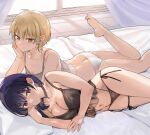  2girls ass bangs barefoot black_choker black_panties blonde_hair breasts brown_eyes choker cleavage collarbone commentary_request feet foot_up harumi_hana ichihara_chiaki indoors konbu_wakame large_breasts lingerie looking_at_another lying multiple_girls navel on_side on_stomach panties purple_eyes purple_hair sekai_de_ichiban_oppai_ga_suki! short_hair smile soles thighs toes underwear white_panties yuri 