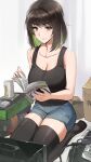  1girl alcohol bangs bare_shoulders beer beer_can black_hair black_legwear box breasts brown_eyes can cleavage computer denim denim_shorts eyebrows_visible_through_hair green_hair highres kneeling large_breasts legs_together looking_at_viewer manual miru_(ormille) mole mole_on_breast mole_under_eye multicolored_hair original ormille repairing shorts smirk soles sweatdrop tank_top thighhighs thighs 