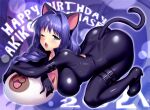  1girl all_fours animal_ears blue_eyes blush bodysuit braid breasts cat_ears cat_tail cleavage commentary_request fake_animal_ears hair_intakes hair_over_shoulder hairband happy_birthday high_heels kanon large_breasts long_hair minase_akiko one_eye_closed open_mouth purple_hair single_braid solo tail teeth upper_teeth zen_(kamuro) zoom_layer 